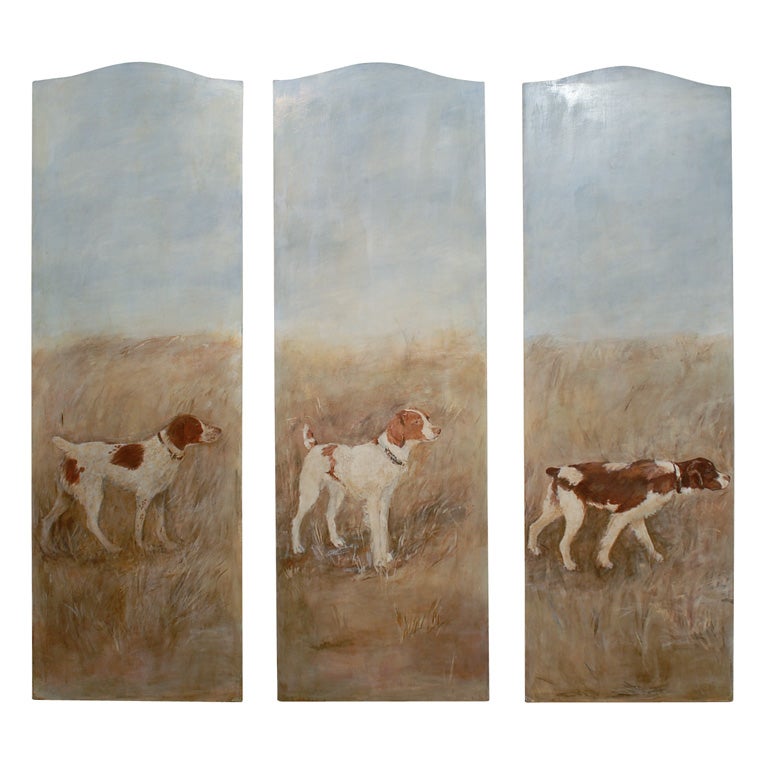 Oil Paining of Dogs on three panel  Screen