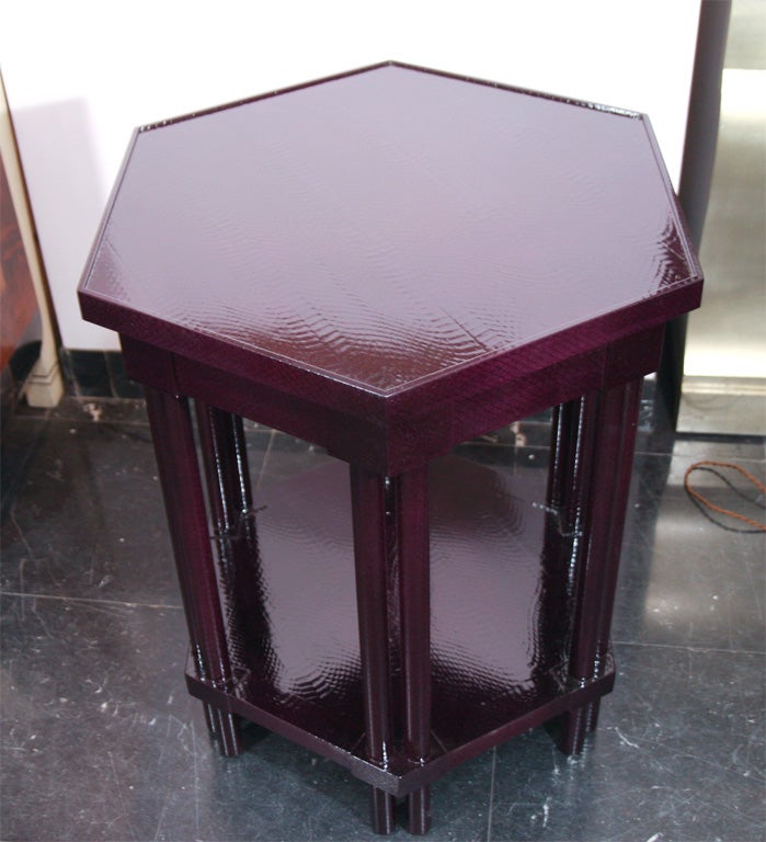 PAIR OF PURPLE PYTHON SIDE TABLES