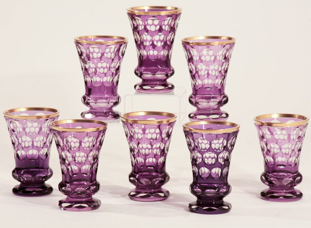 Czech Set of 8 Bohemian Amethyst Cut To Clear Crystal Vases