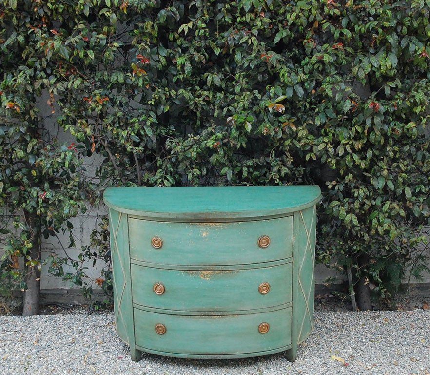 Wonderful color antique painted demi lune chests of drawers