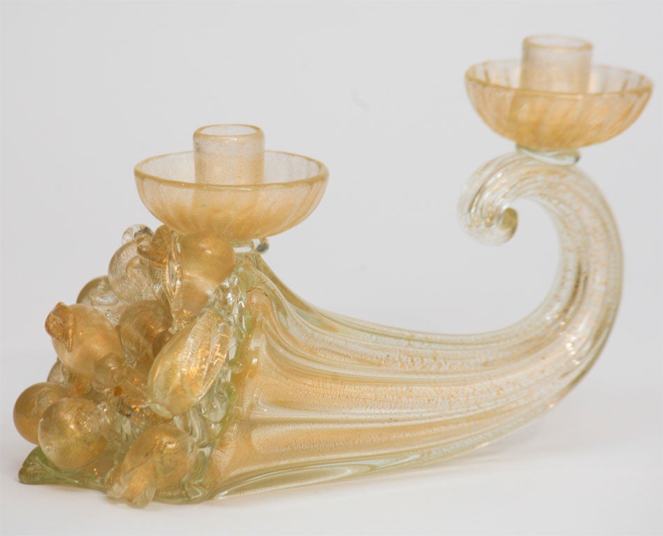 Barovier Hand Blown Gold Leaf Double Arm Cornucopia Candlesticks