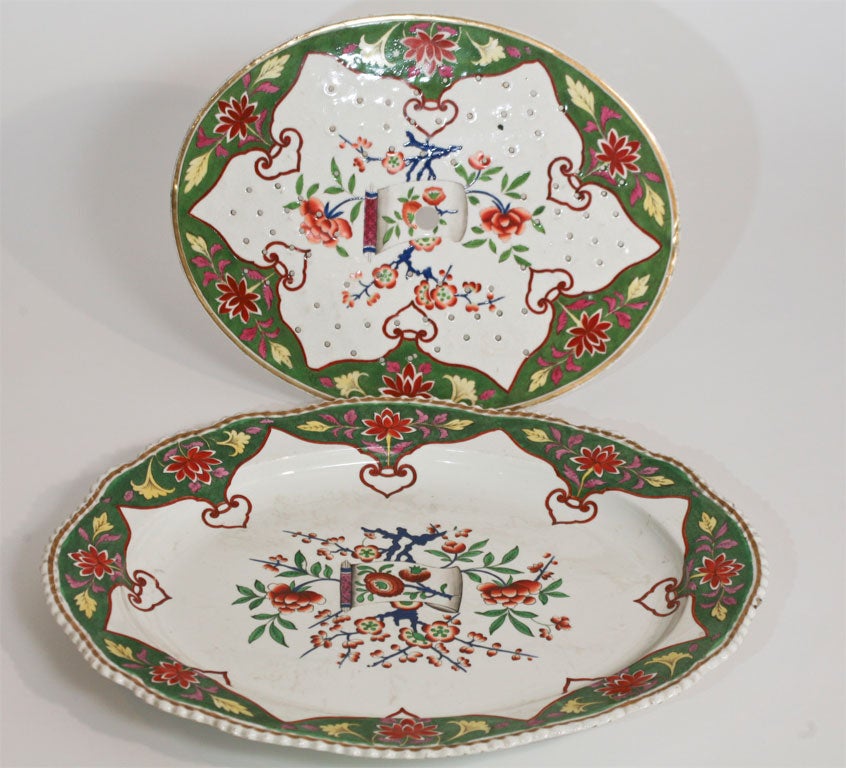 19th C. Porcelain Large Meat Platter with Matching Drainer 