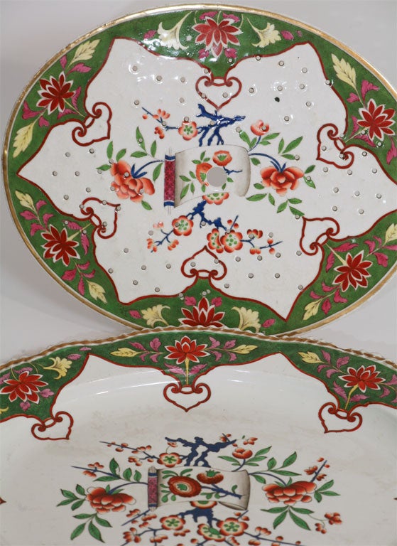 19th C. Porcelain Large Meat Platter with Matching Drainer 