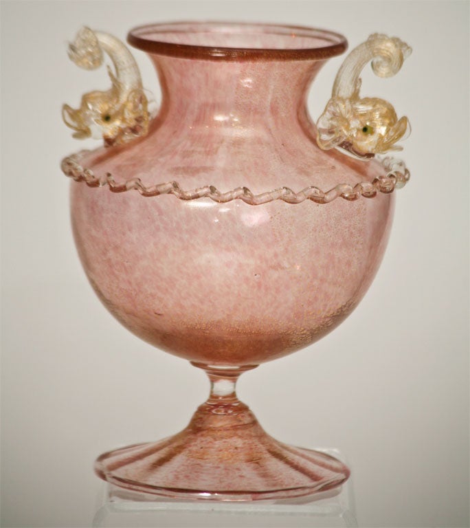 Italian Pair of Pink Venetian Salviati, Handblown Vases with Applied Dolphins