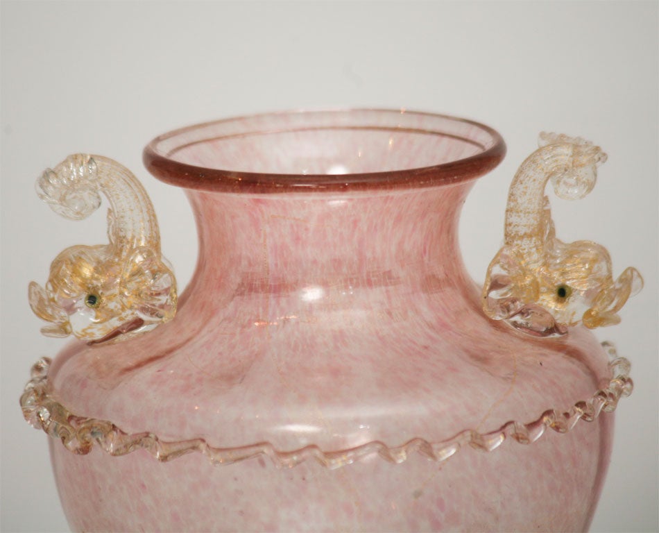Pair of Pink Venetian Salviati, Handblown Vases with Applied Dolphins In Excellent Condition In Great Barrington, MA
