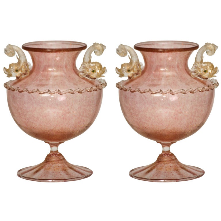 Pair of Pink Venetian Salviati, Handblown Vases with Applied Dolphins