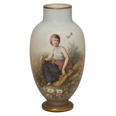 Antique Hand Blown Opaline Vase w/ Hand Painted Portrait Artist Signed Ahne