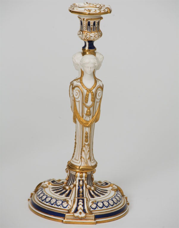 English Minton Neoclassical Figural Candlesticks with Parian Faces For Sale