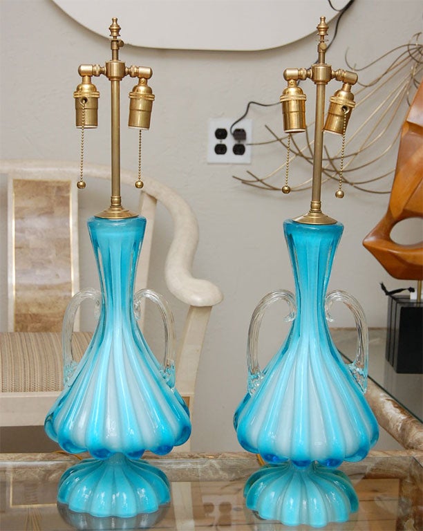 PAIR OF MURANO GLASS BLUE & WHITE LAMPS