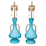 Vintage PAIR OF MURANO GLASS BLUE & WHITE LAMPS
