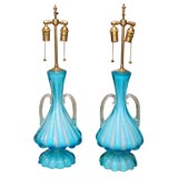 PAIR OF MURANO GLASS BLUE & WHITE LAMPS