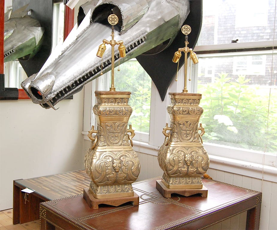 PAIR OF BRONZE ASIAN INSPIRED TEMPLE VASE LAMPS