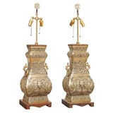 PAIR OF BRONZE ASIAN INSPIRED TEMPLE VASE LAMPS