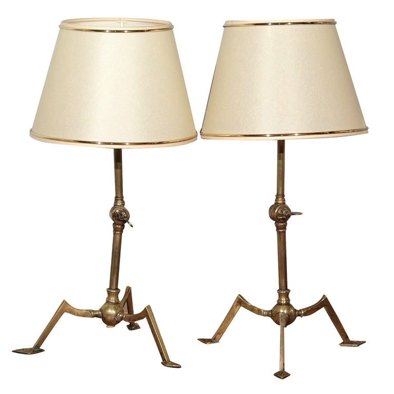 Unusual Pair of Adjustable Brass Table or Wall Lamps For Sale