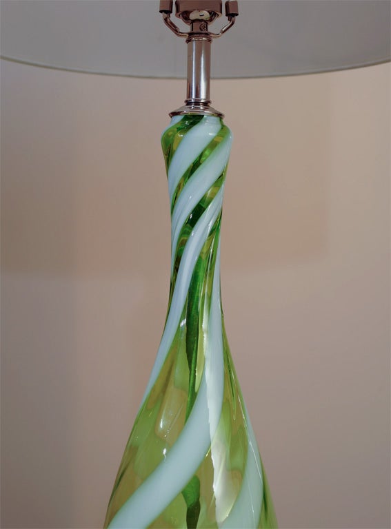 Italian Green Vintage Murano Lamps With White Candy Cane Swirl Stripes