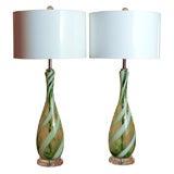 Green Vintage Murano Lamps With White Candy Cane Swirl Stripes
