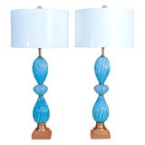 Barbini Blue Opaline Murano Lamps with Controlled Bubbles