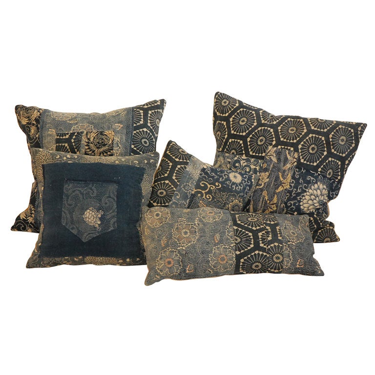 Japanese Indigo Patchwork Pillows/Natural, nonallergic fill at 1stdibs