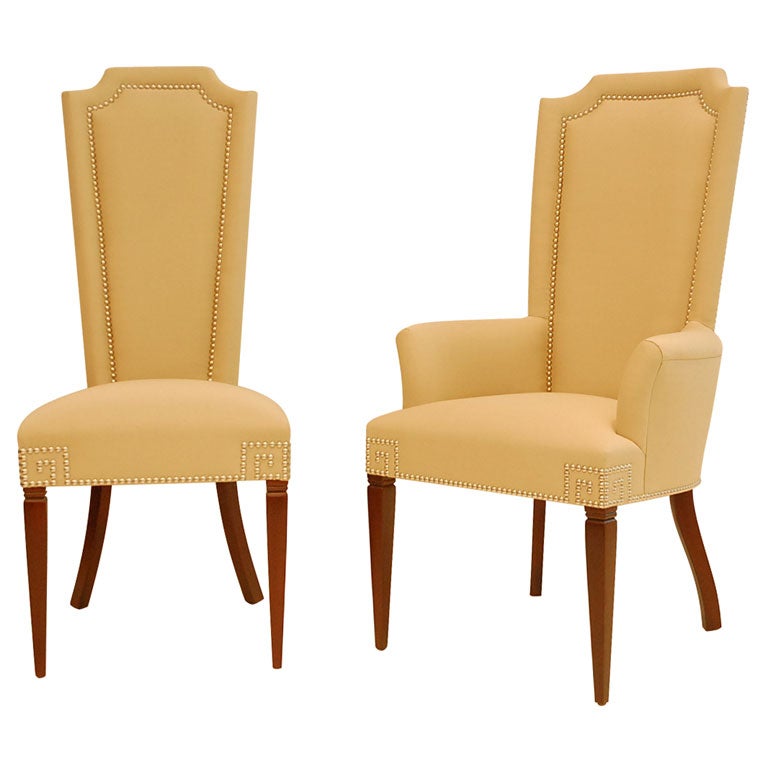 Unique Set of 14 Upholstered Dining Chairs with Nickel Head Trim