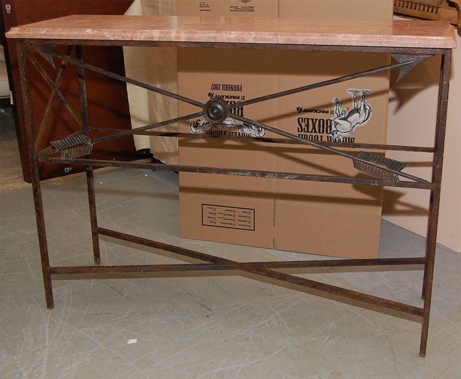 Pair of Iron Empire Style Consoles with Marble Tops
