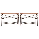 Antique Pair of Iron Empire Style Consoles with Marble Tops