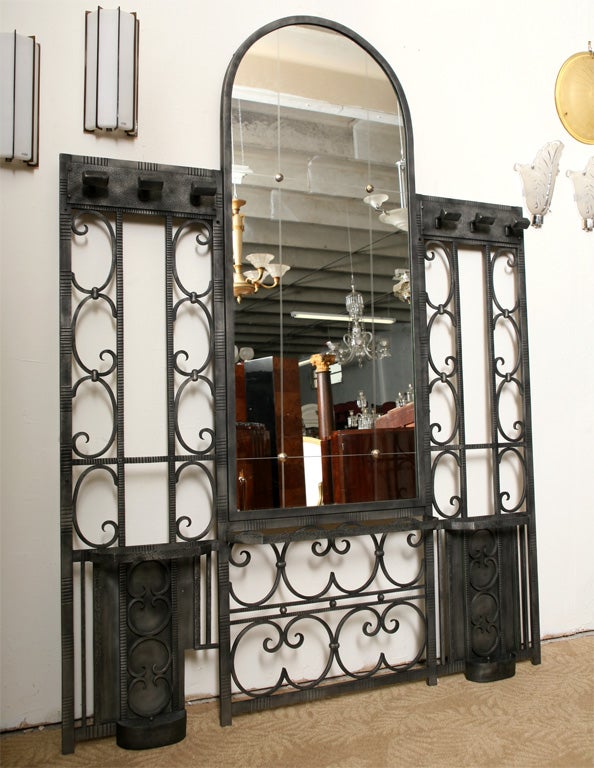 Large French Art Deco Patinated Iron with Mirror Hall Piece