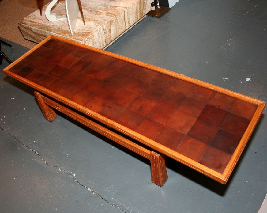 American Rustic Leather Patchwork Top Cocktail Table by Brandt Ranch Oak In Excellent Condition For Sale In New York, NY