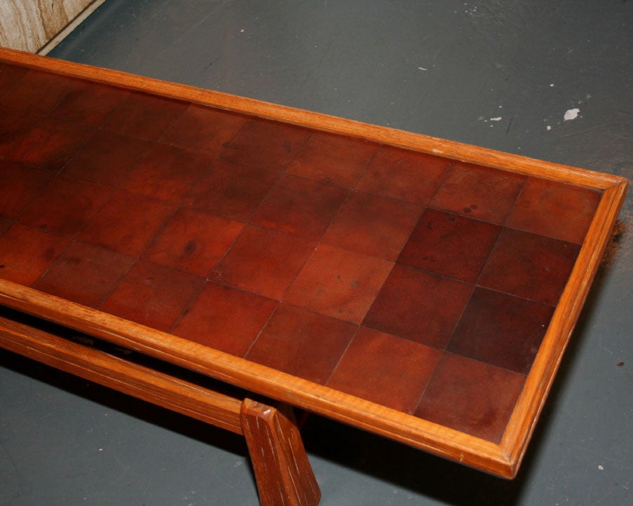 Mid-20th Century American Rustic Leather Patchwork Top Cocktail Table by Brandt Ranch Oak For Sale