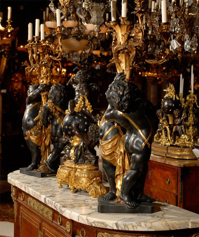 Patinated Pair of Five-Light Candelabra, circa 1900 For Sale