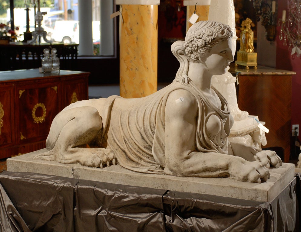19th Century Pair of Carrera marble sphinxes
