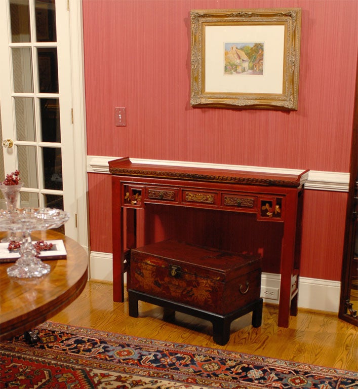19th Century Red & Gold Painted Qing Dynasty Trunk on Stand