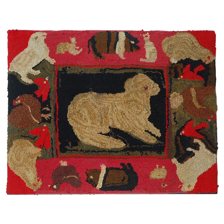 RARE and UNUSUAL PICTORIAL FARM ANIMALS HAND HOOKED MOUNTED RUG at 1stDibs