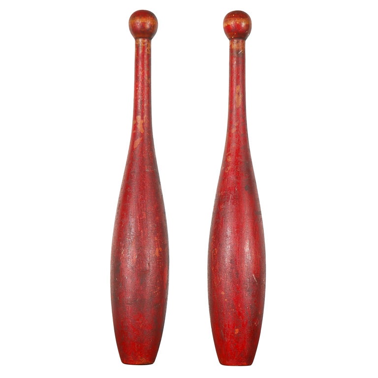 19th Century Original Red Painted  Juggling Pins from New England