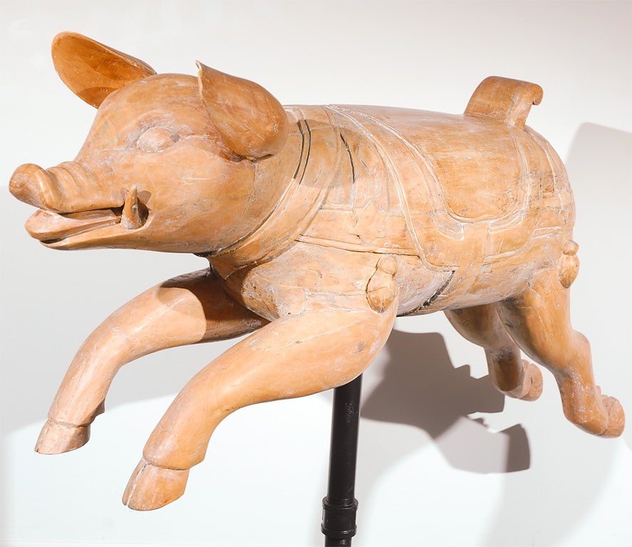 Rare 19thc Pig  Carousel W/fragments Of Original Paint 1