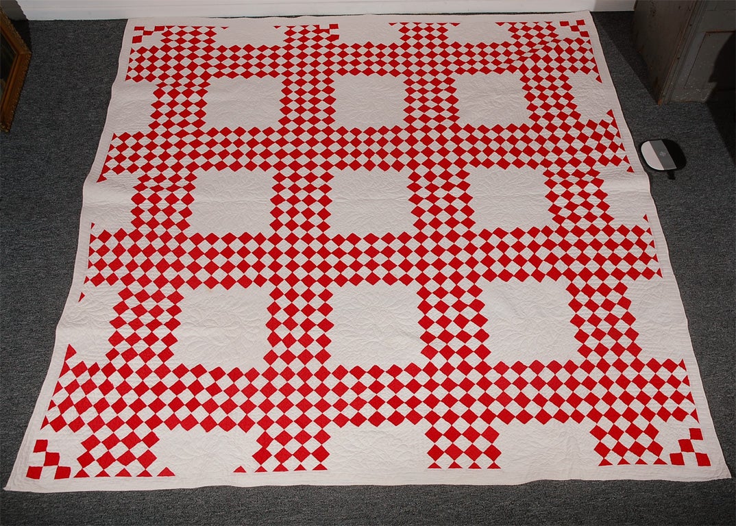 19THC RED&WHITE POSTAGE STAMP IRISH CHAIN QUILT