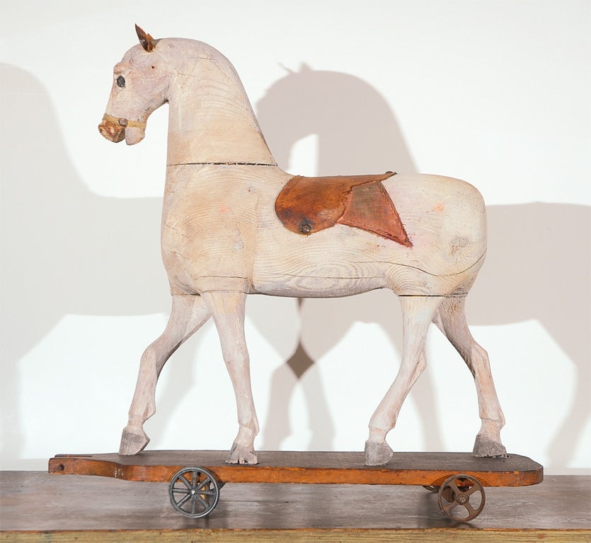 19THC ORIGINAL WHITE PAINTED HORSE ON WHEELS PULL TOY 2