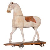 Antique 19THC ORIGINAL WHITE PAINTED HORSE ON WHEELS PULL TOY