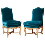 Pair of French Side Chairs Upholstered in Teal Mohair Velvet