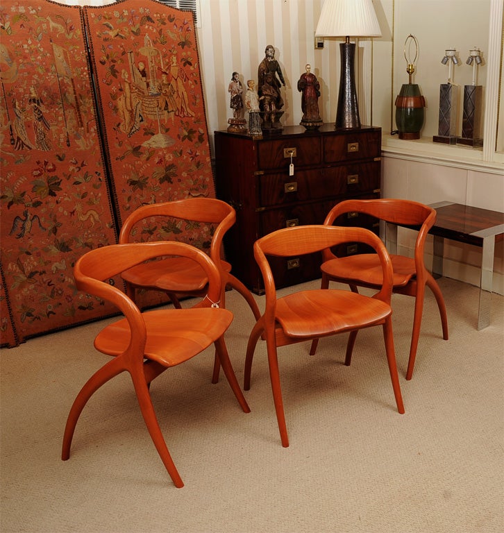 Set of Four Carved Cherry Wood Organic Sculptural Chairs by A. SIBAU