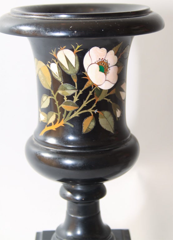 19th Century Antique Black Marble Urn with Pietra Dura For Sale