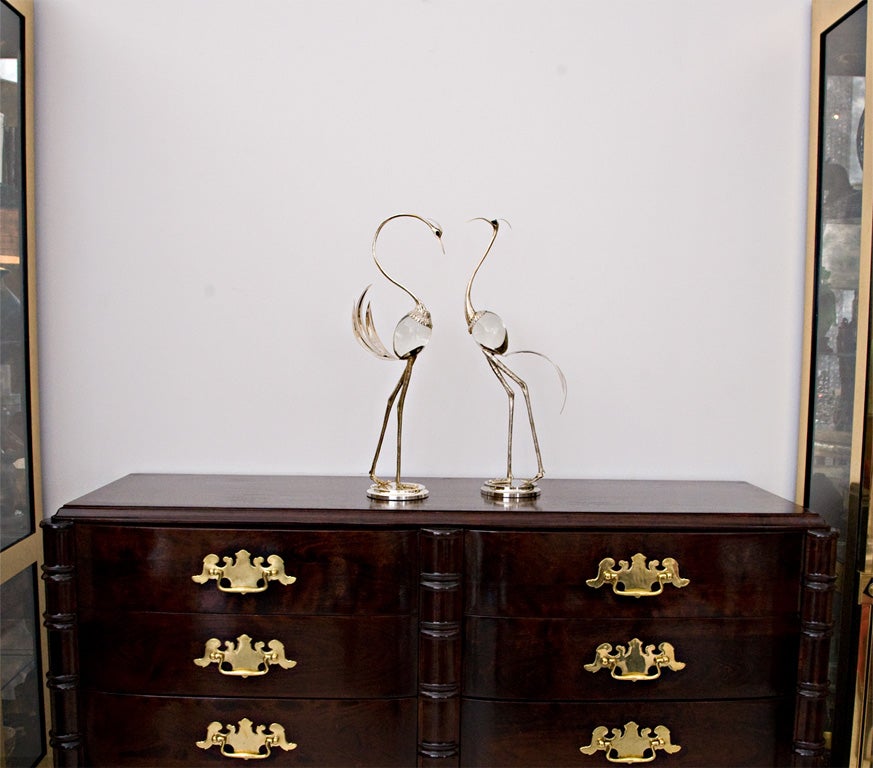 Late 20th Century Pair of Signed Italian Crystal and Silverplate Cranes by Lagini