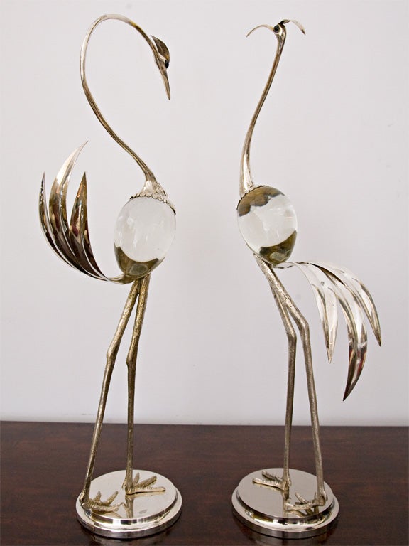 Pair of Signed Italian Crystal and Silverplate Cranes by Lagini 2