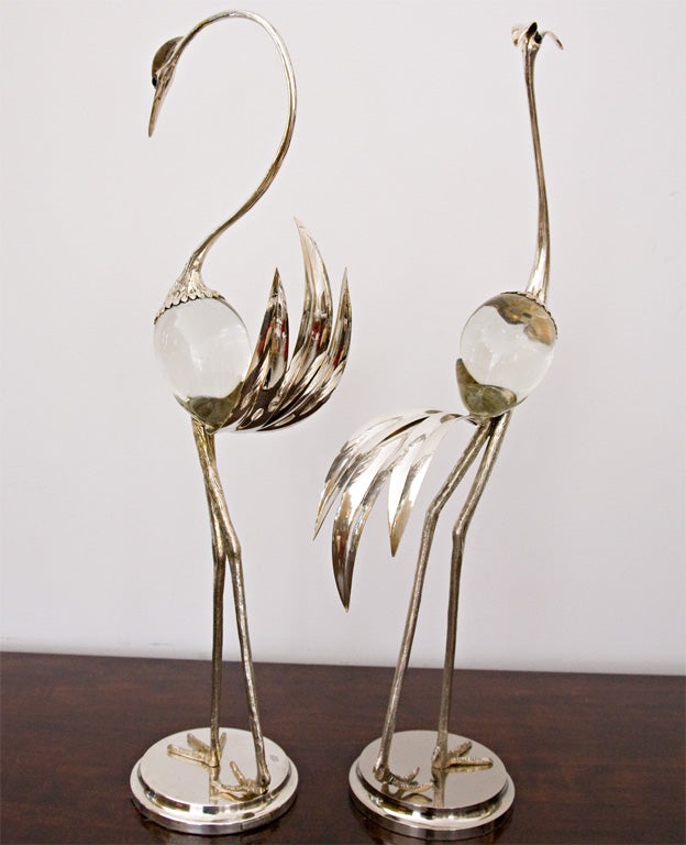 Pair of Signed Italian Crystal and Silverplate Cranes by Lagini 3