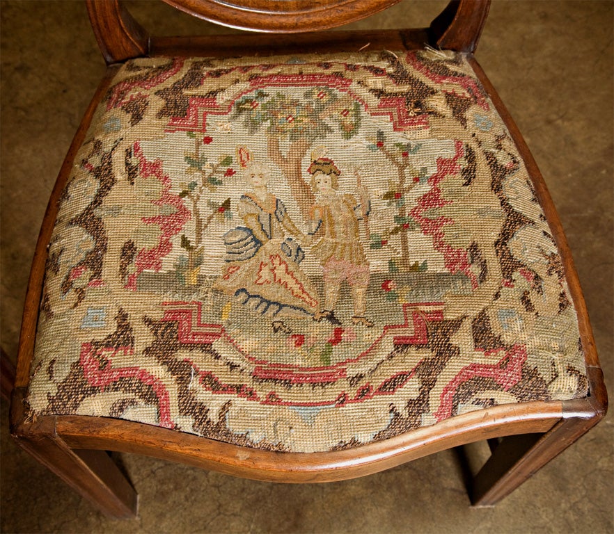 English George III Shield Chairs, w/ 17th c. needle work seats