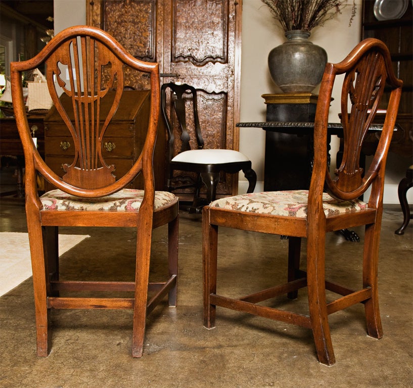 George III Shield Chairs, w/ 17th c. needle work seats 4