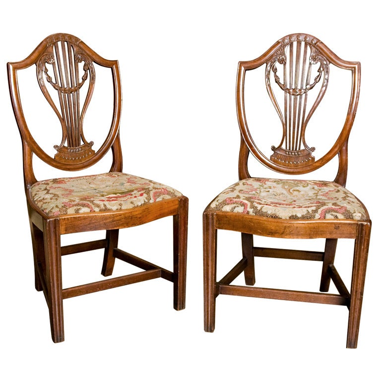 George III Shield Chairs, w/ 17th c. needle work seats