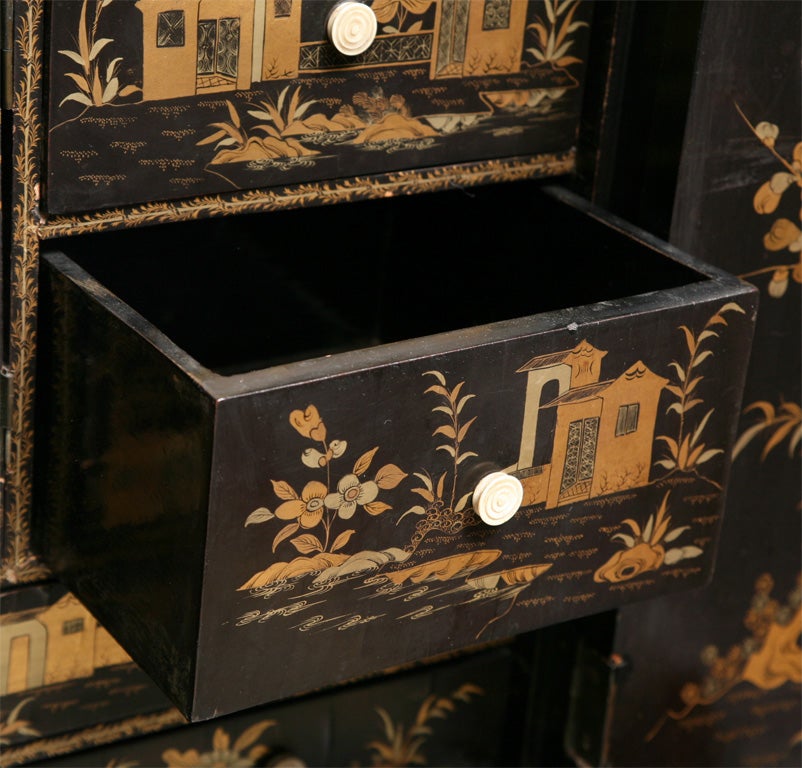 Wood Chinese Export Black Lacquer Cabinet and Secretary