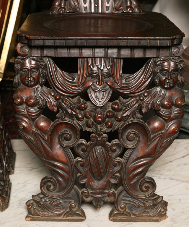Pair of 19th Century Italian Carved Oak Sgabello Side Chairs In Good Condition For Sale In Miami, FL