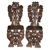 Antique Pair of 19th Century Italian Carved Oak Sgabello Side Chairs