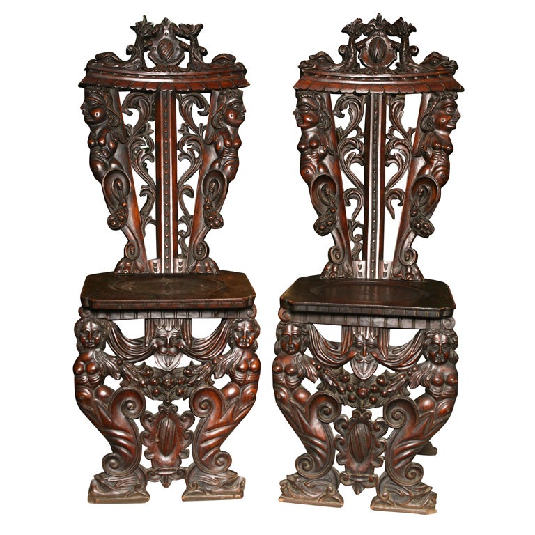 Pair of 19th Century Italian Carved Oak Sgabello Side Chairs For Sale